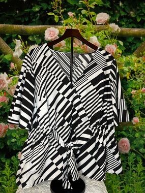 Black & White Geometric Wrap Blouse